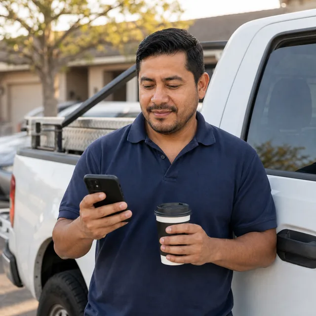 El piscinero arranca el día junto a su camioneta, café en mano, mirando su teléfono
