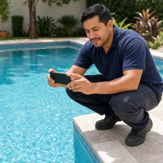 El piscinero toma una foto de la piscina recién tratada para dejar prueba