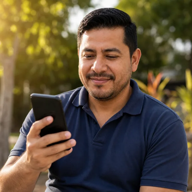 El piscinero sonríe al ver una buena reseña de un cliente en su teléfono